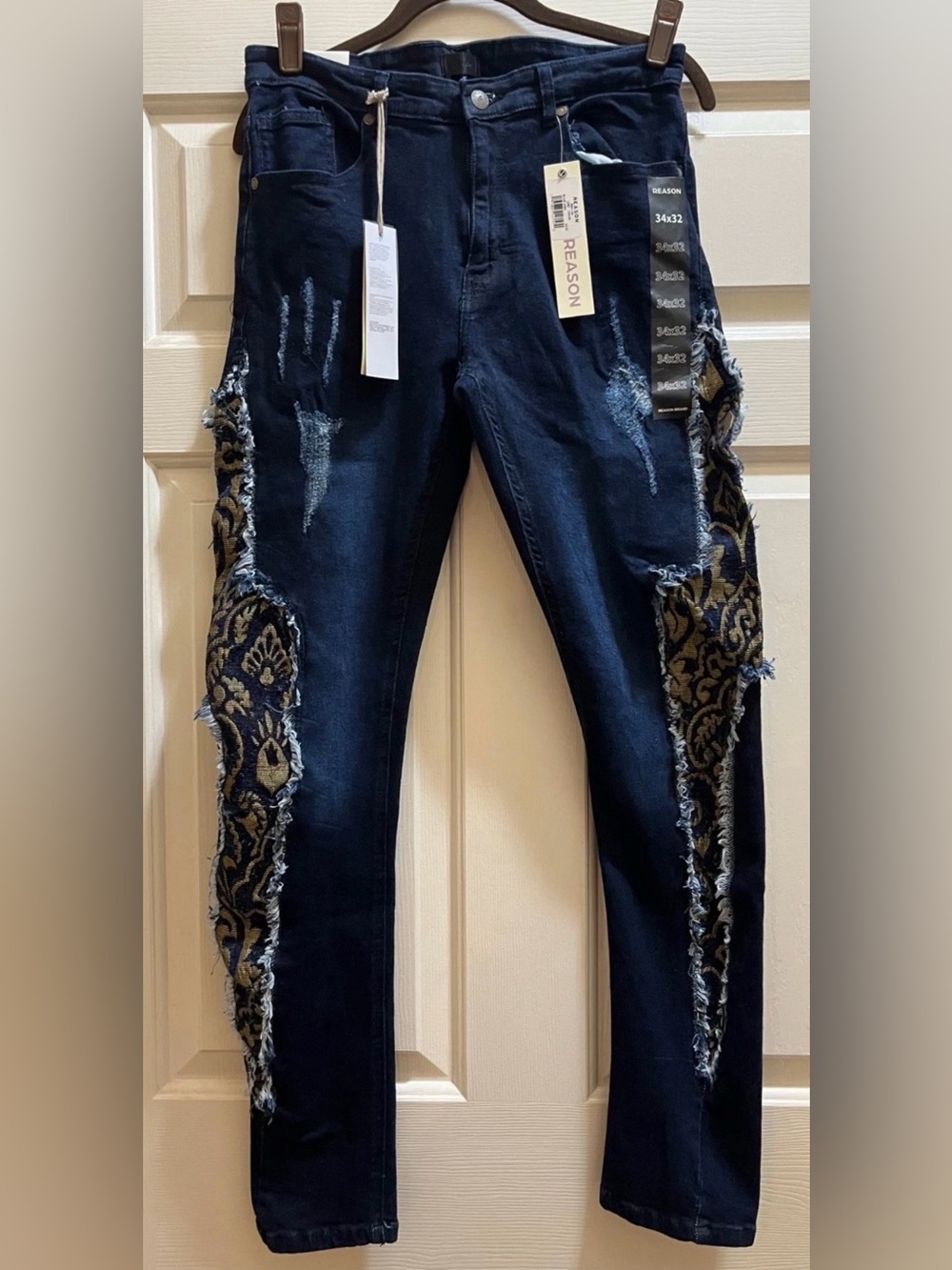 NWT Reason Dark Wash Skinny Jeans with Gold Baroque Patterned Side Panels